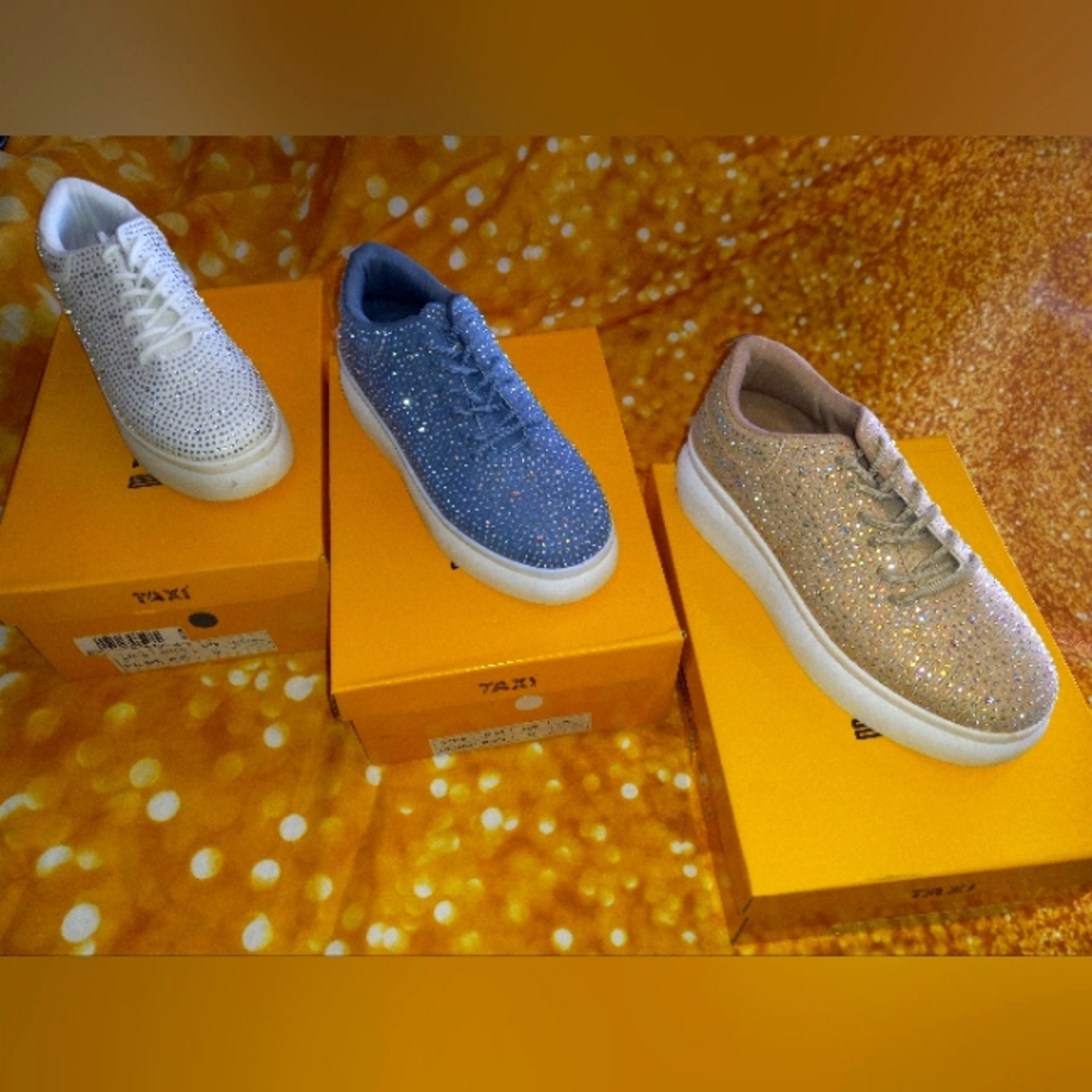 $40 EACH. NEW platform rhinestone sneakers. 3 colors. Size 10 only. 💙🤍🤎